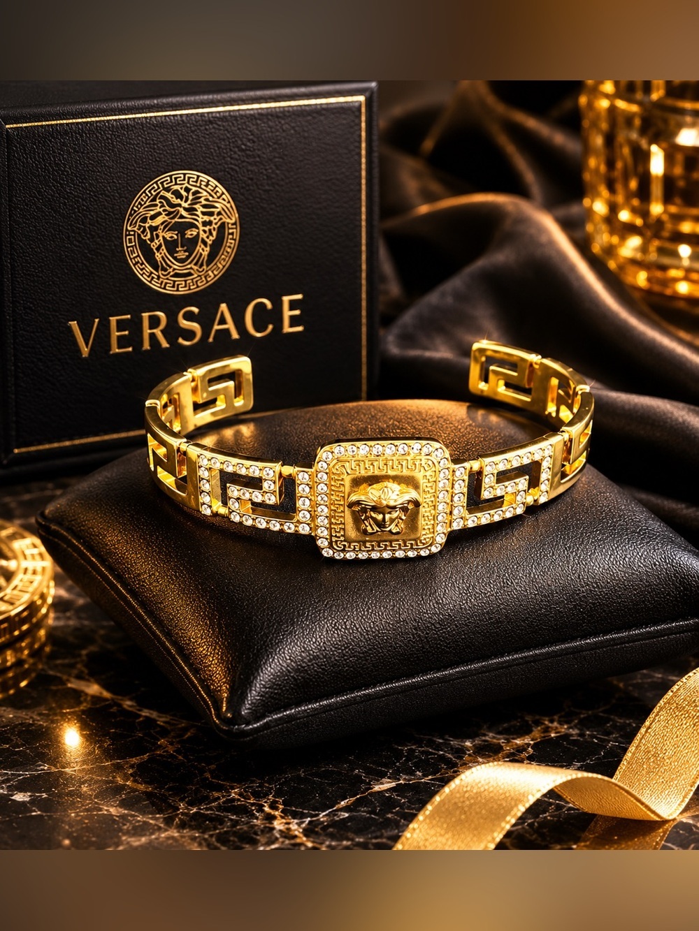 Gold and Crystal Greek Key Medusa Bracelet